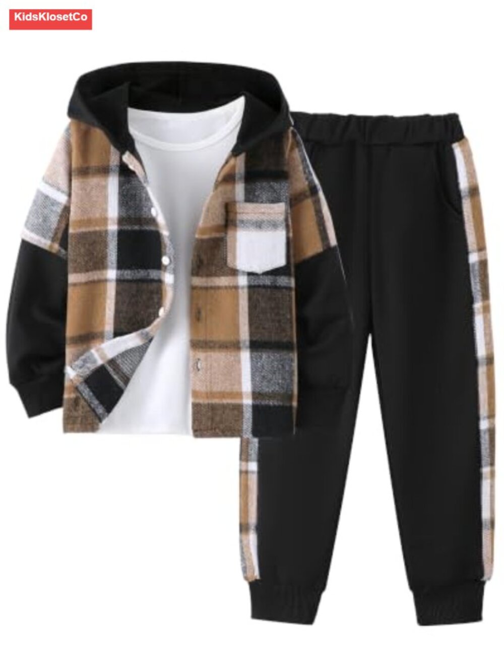Boys Plaid Hooded Shirt Jogger Pant Set